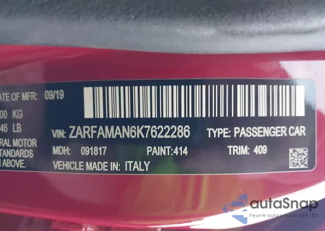 2019 Alfa Romeo Giulia Rwd z USA, uszkodzony, nr VIN ZARFAMAN6K7622286